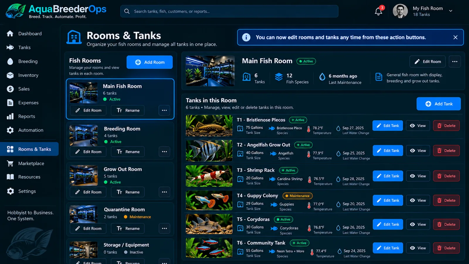AquaBreederOps Rooms and Tanks workspace